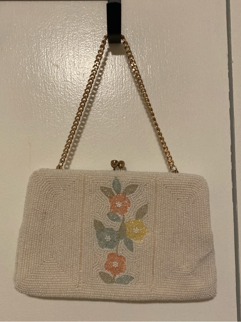 Beaded Floral Ivory Evening Clutch with Gold Chain